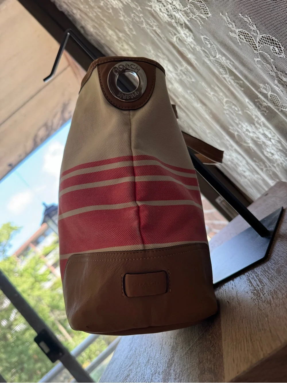 Coach Pink and Cream Canvas Stripe Tote with Tan Leather Trim